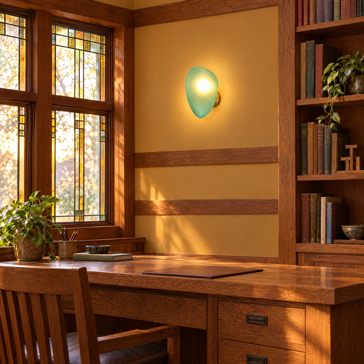 Opaline wall sconce in Green & Gold, shape ∅7.8" x H11.8" in a Prairie-style home office