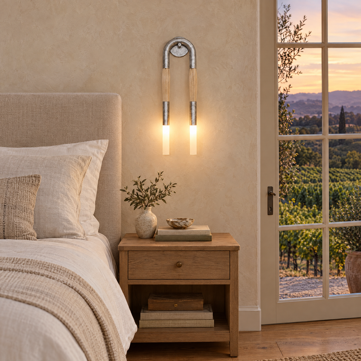 Palomino wall sconce in nickel & beige in a Napa Valley farmhouse bedroom