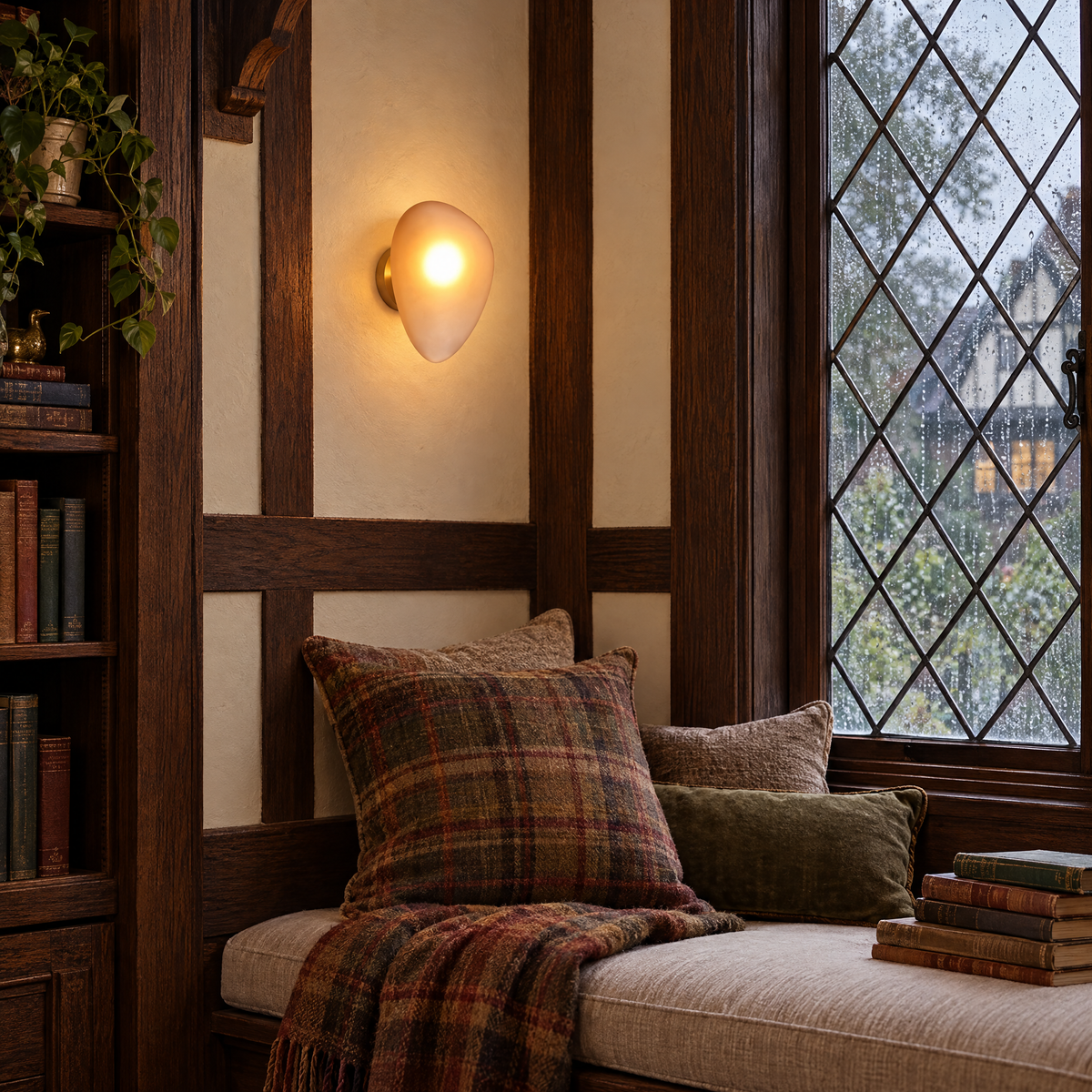 Opaline wall sconce in Amber & Gold, shape ∅7.8" x H11.8" in a Tudor Revival reading nook
