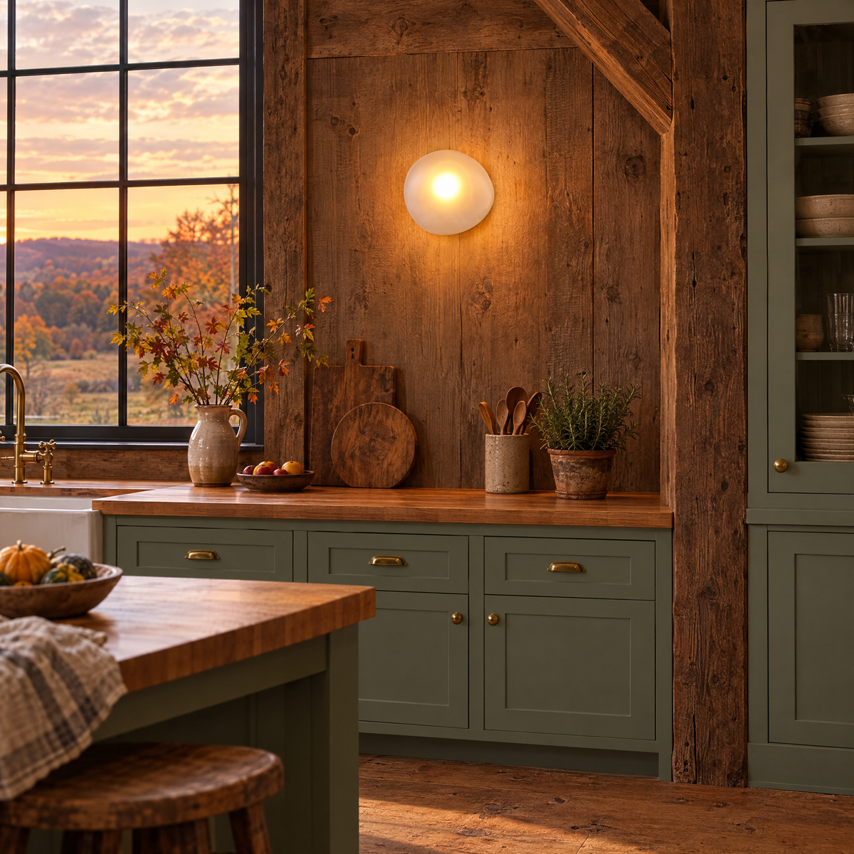 Opaline wall sconce in Amber & Gold, shape ∅8.6" x H8.6" in an Upstate New York barn conversion kitchen
