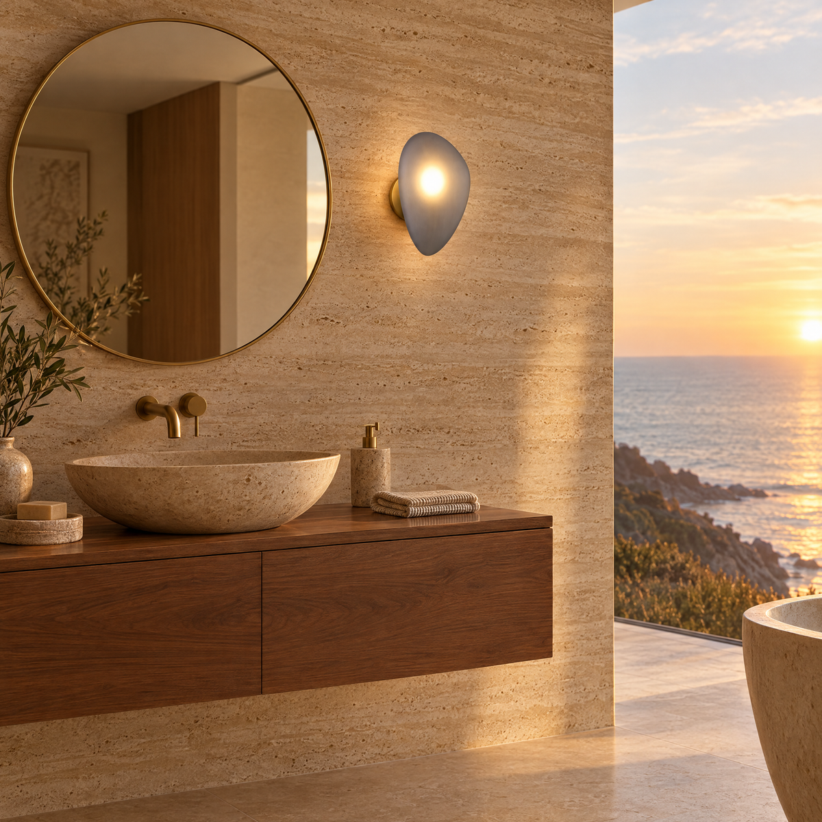 Opaline wall sconce in Smoky Gray & Gold, shape ∅7.8" x H11.8" in a Malibu contemporary bathroom