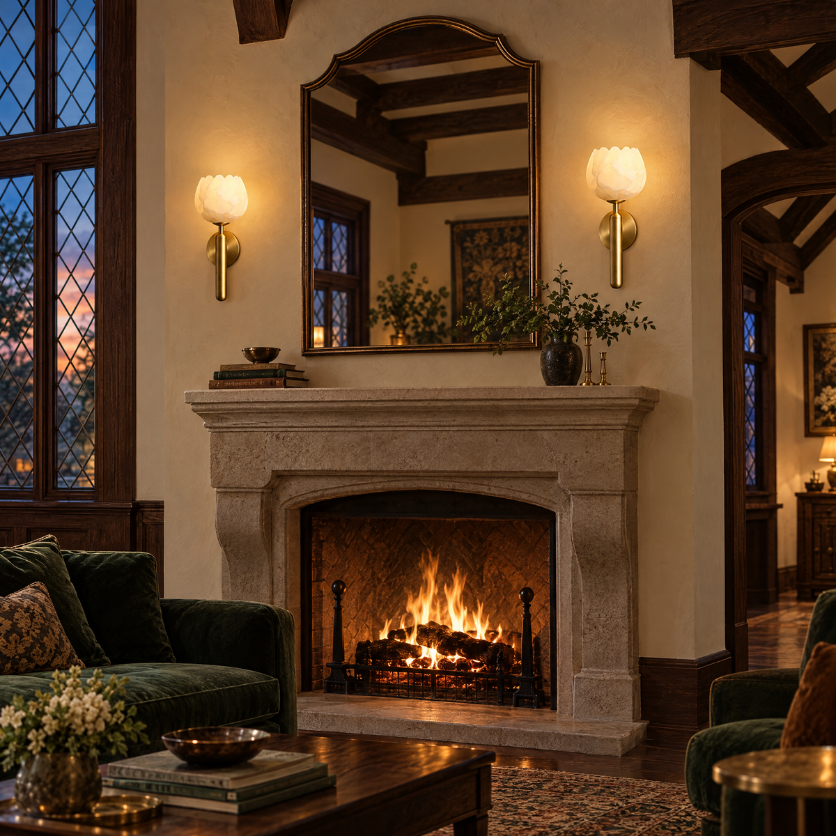 Mian alabaster flower wall sconce in brass above the mantel in a Tudor Revival living room