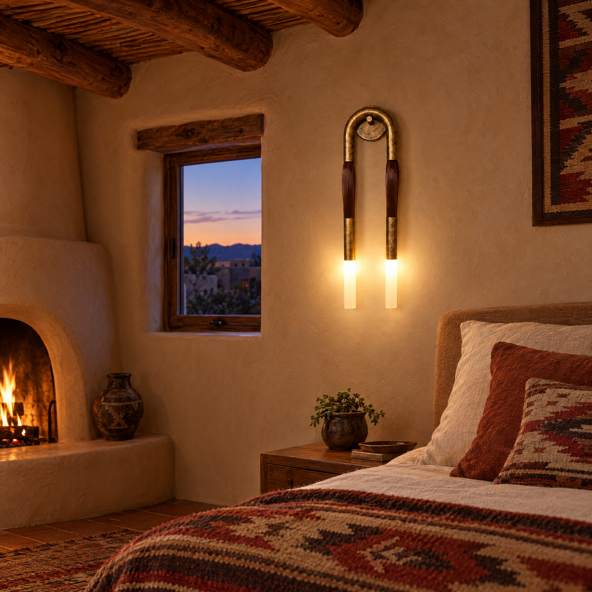 Palomino wall sconce in aged bronze & brown in a Santa Fe pueblo-style home bedroom