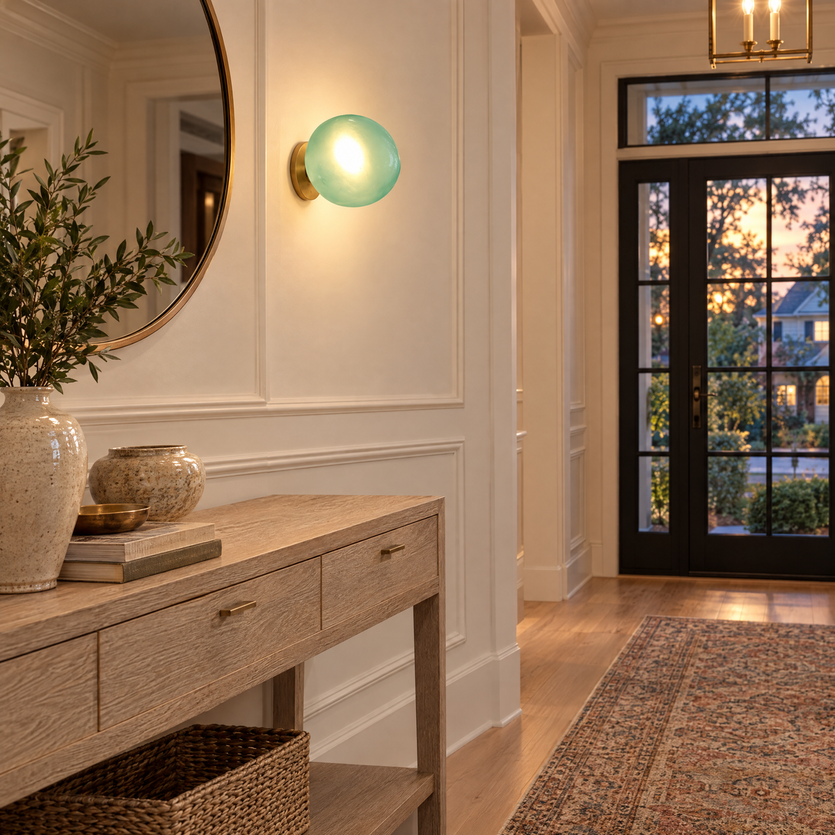 Opaline wall sconce in Green & Gold, shape ∅8.6" x H8.6" in an Atlanta transitional home entryway