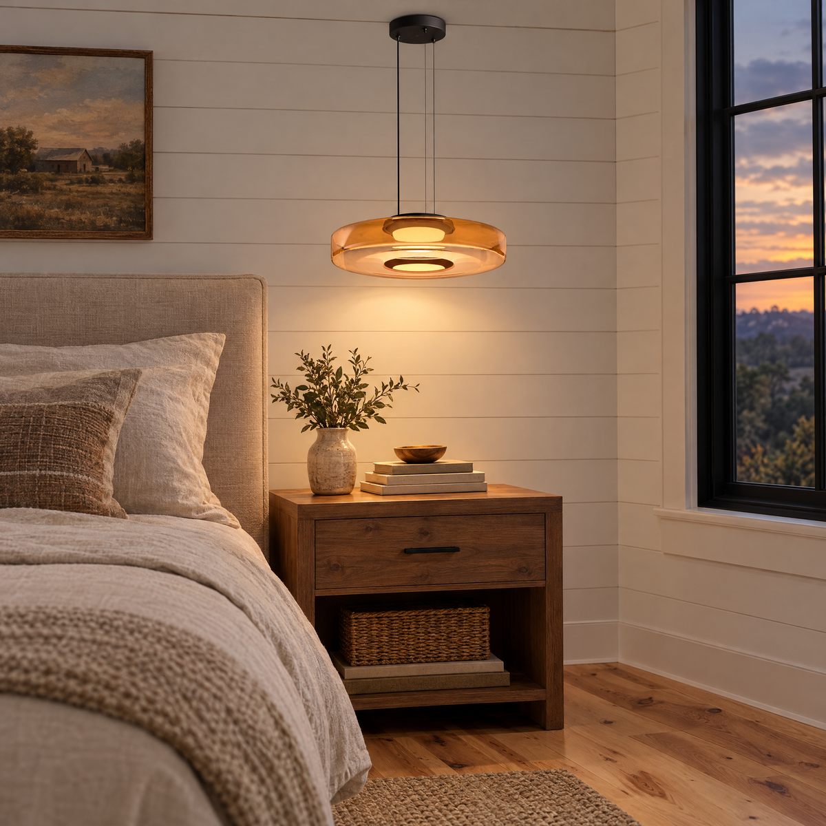 Echelon glass pendant light in amber with 1 glass layer beside the bed in a Nashville modern farmhouse bedroom