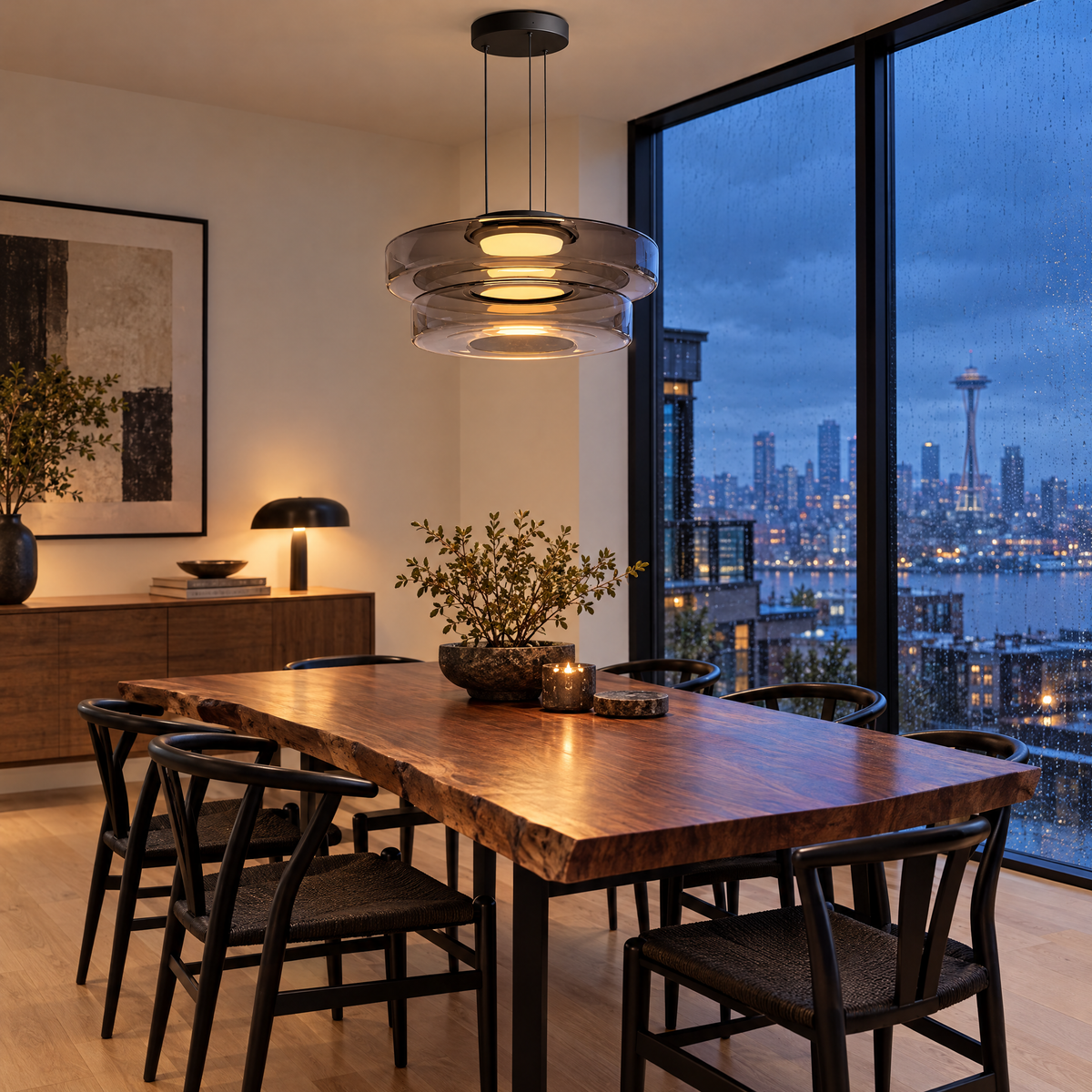 Echelon glass pendant light in smoke grey with 2 glass layers in a Seattle modern townhouse dining room