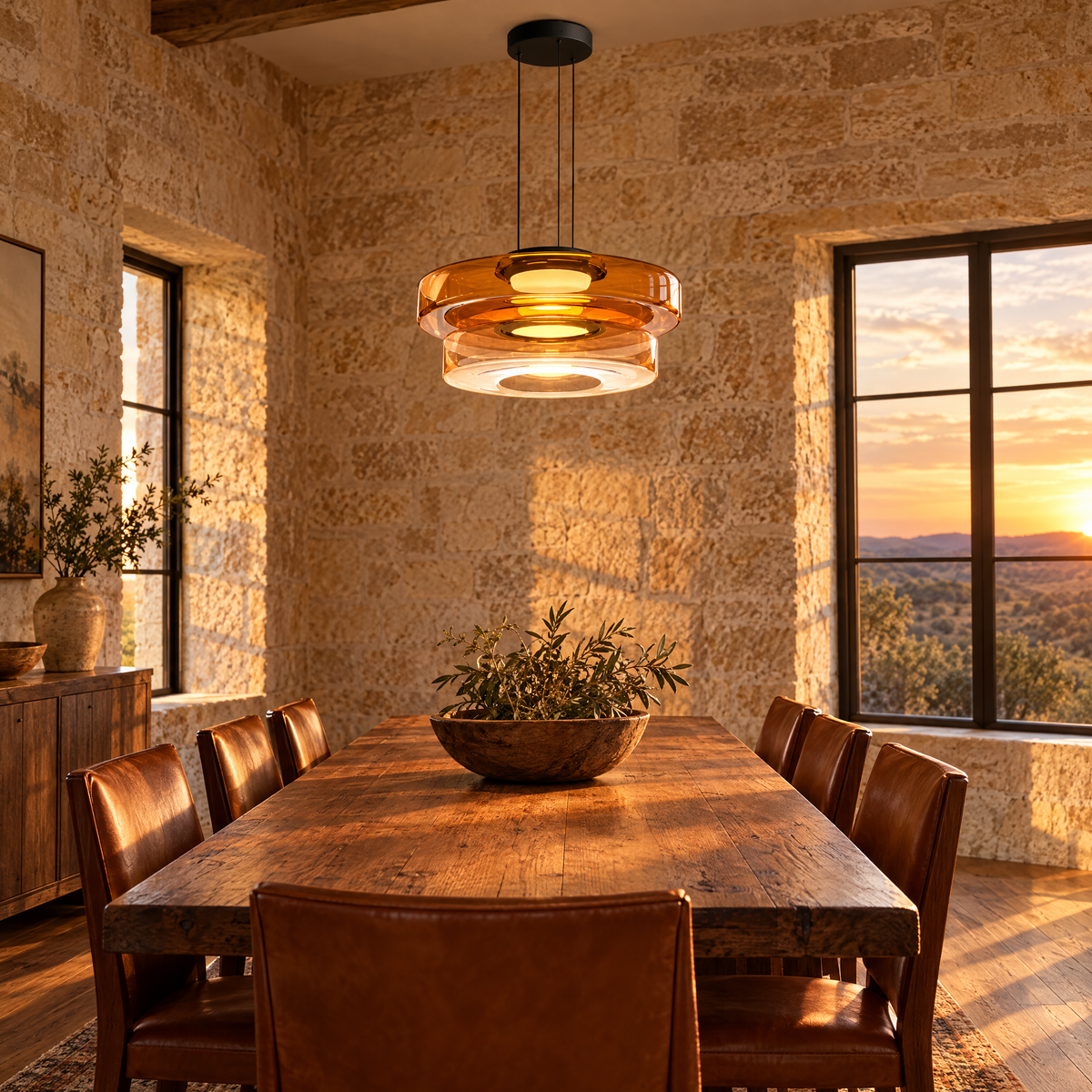 Echelon glass pendant light in amber with 2 glass layers in a Texas Hill Country stone house dining room