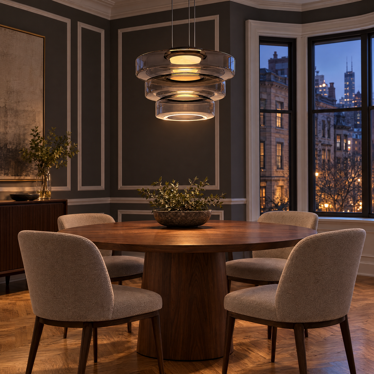 Echelon glass pendant light in smoke grey with 3 glass layers in a Chicago greystone dining room