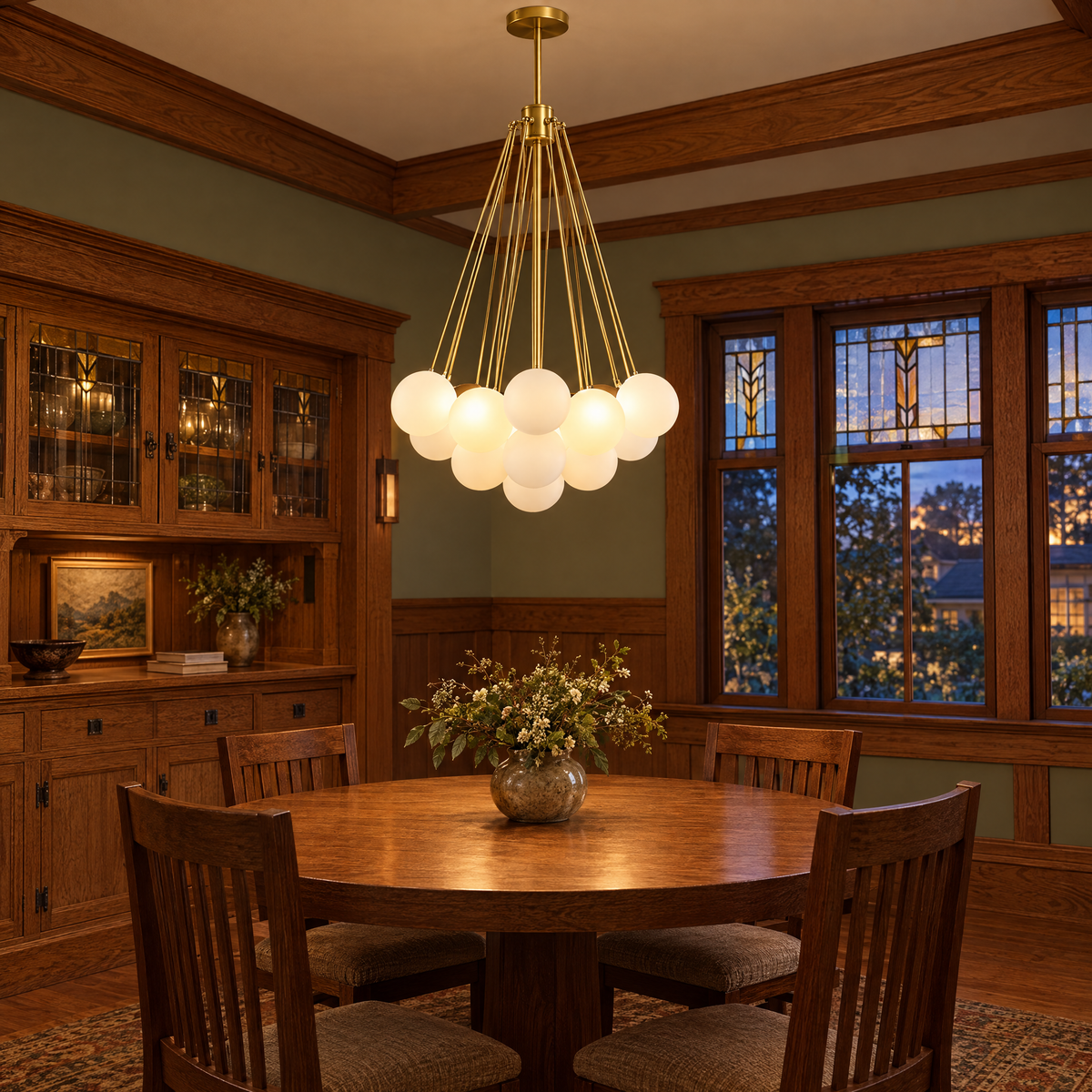 Bulle bubble chandelier in gold & white frosted glass, ∅15.8" x H33.5", in a Craftsman bungalow dining room
