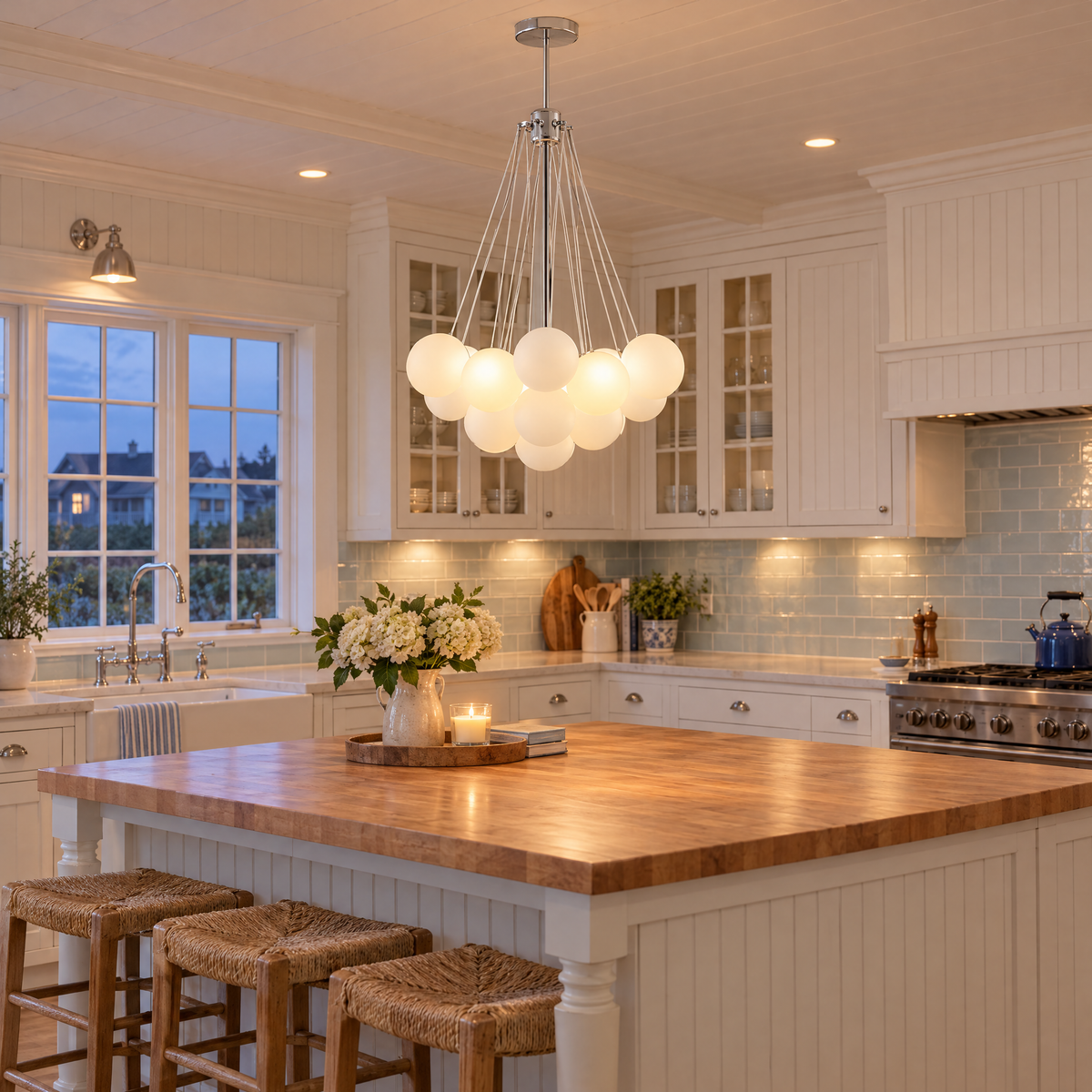 Bulle bubble chandelier in chrome & white frosted glass, ∅15.8" x H33.5", in a Cape Cod cottage kitchen
