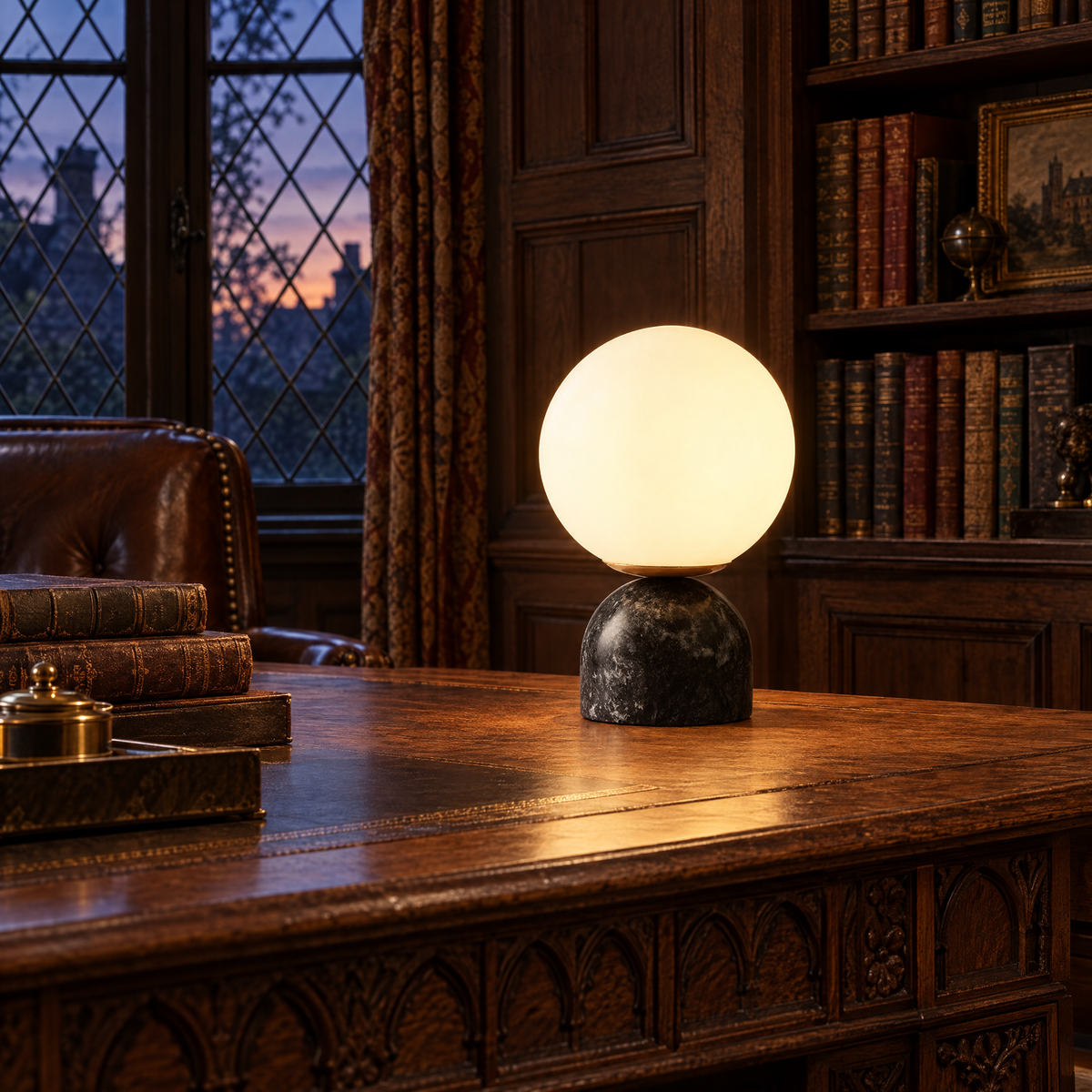 Sylas table lamp in black marble in a Tudor Revival home study