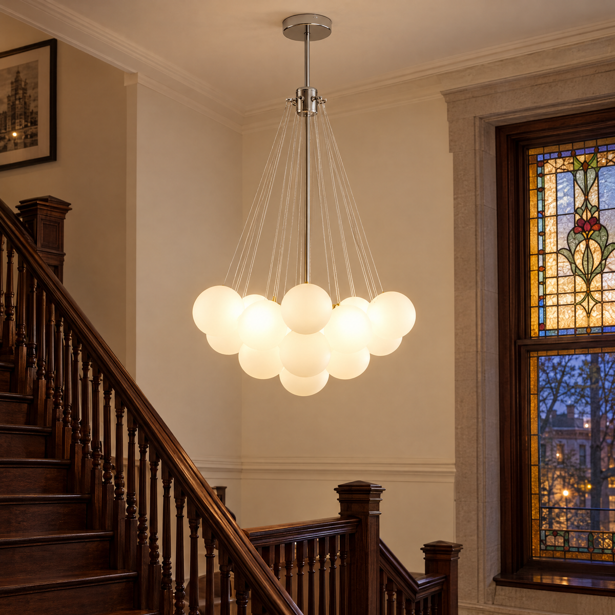 Bulle bubble chandelier in chrome & white frosted glass, ∅23.6" x H29.5", in a Chicago greystone stairwell