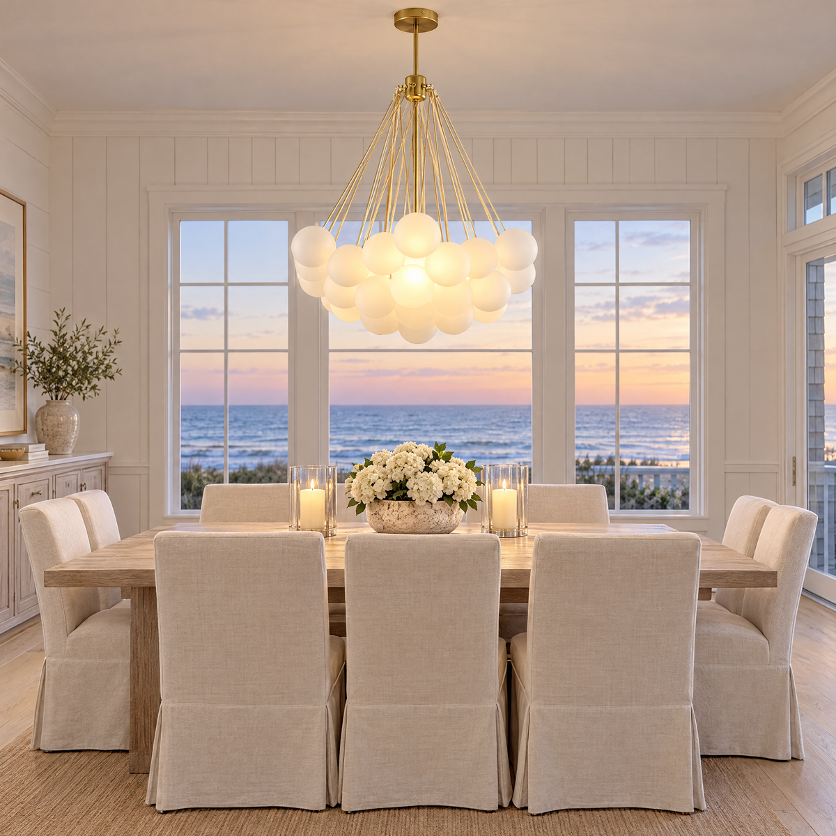 Bulle bubble chandelier in gold & white frosted glass, ∅29.5" x H29.5", in a Hamptons shingle-style beach house dining room