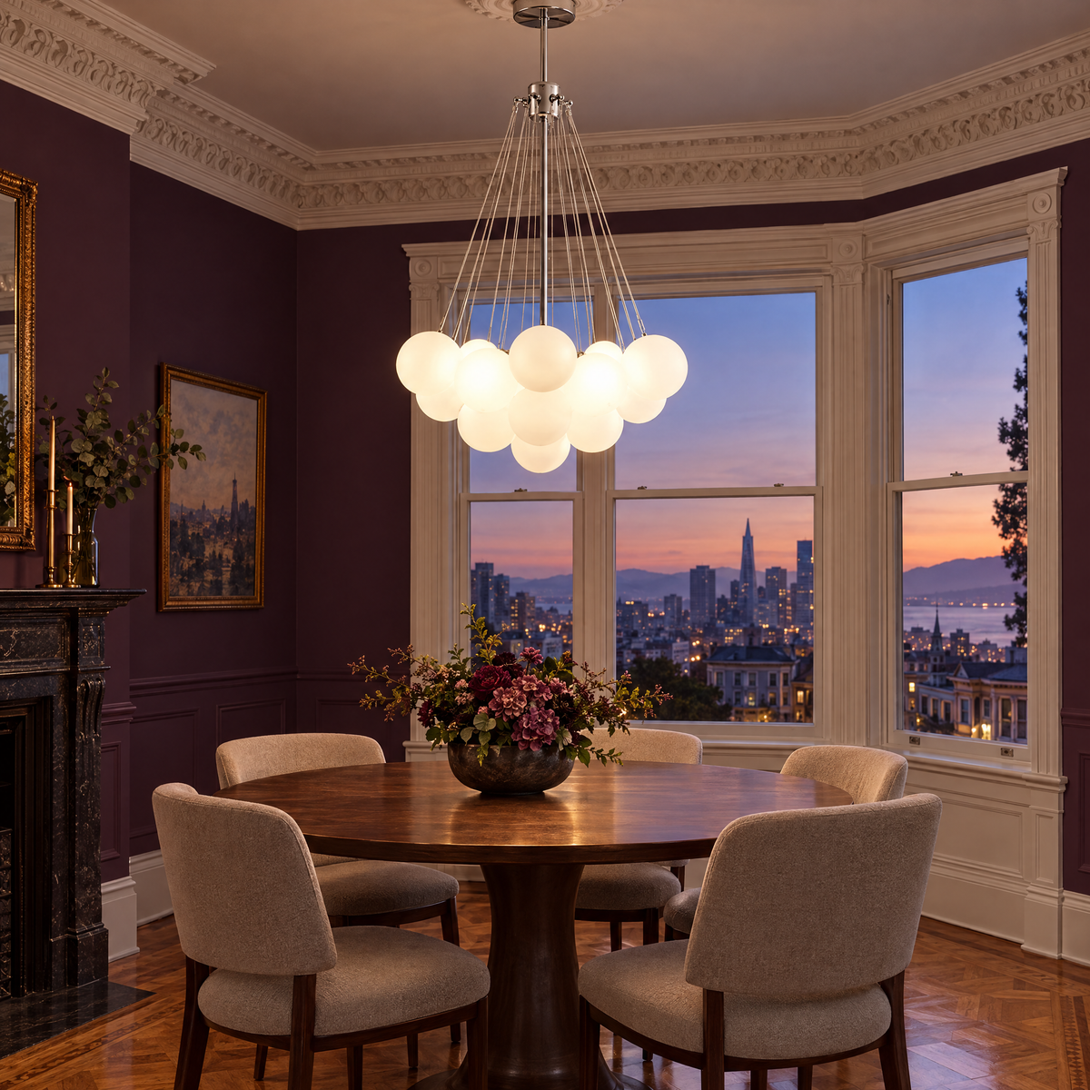 Bulle bubble chandelier in chrome & white frosted glass, ∅23.6" x H29.5", in a Victorian San Francisco row house dining room