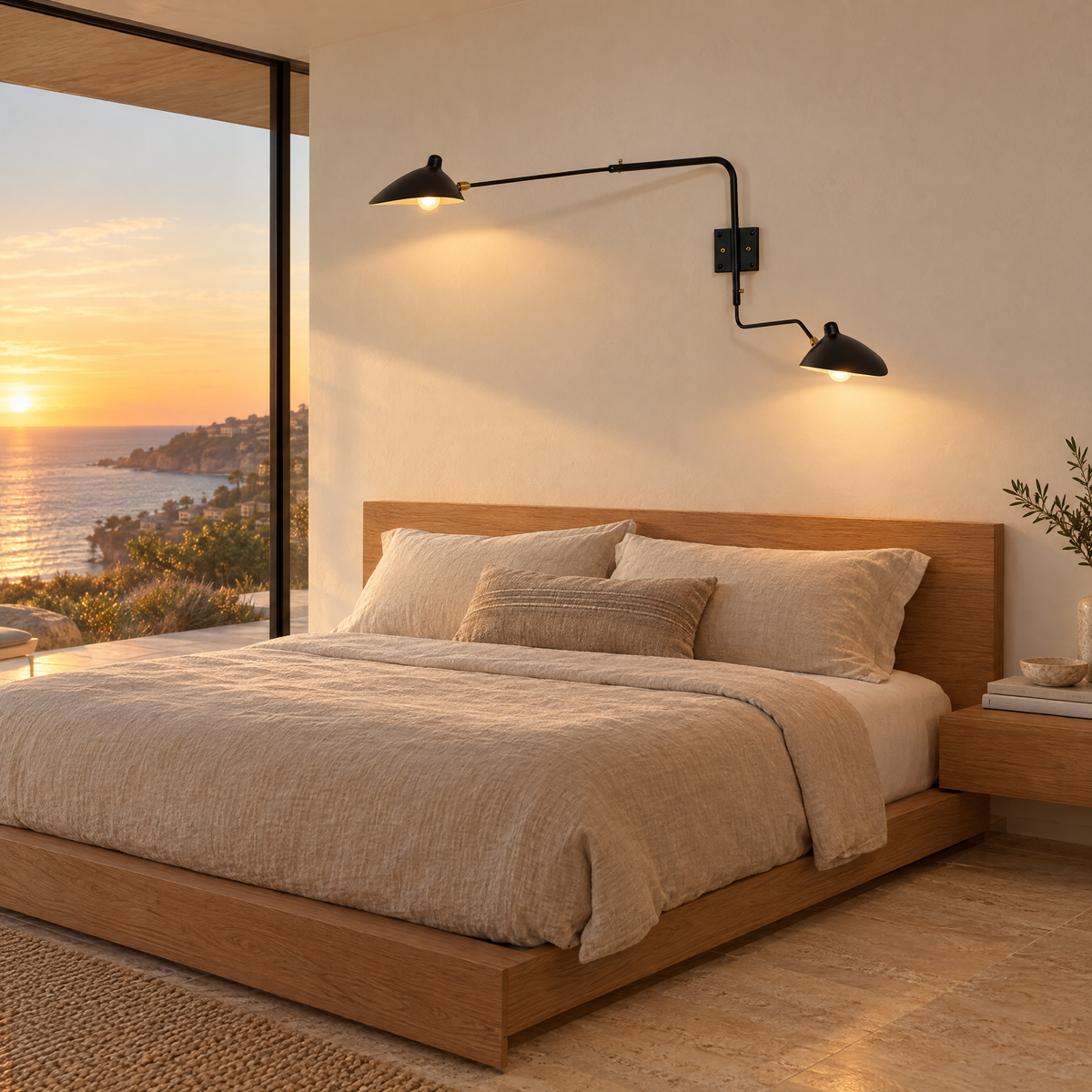 Rivoli swing arm wall sconce in Black, two-arm in a Malibu contemporary bedroom