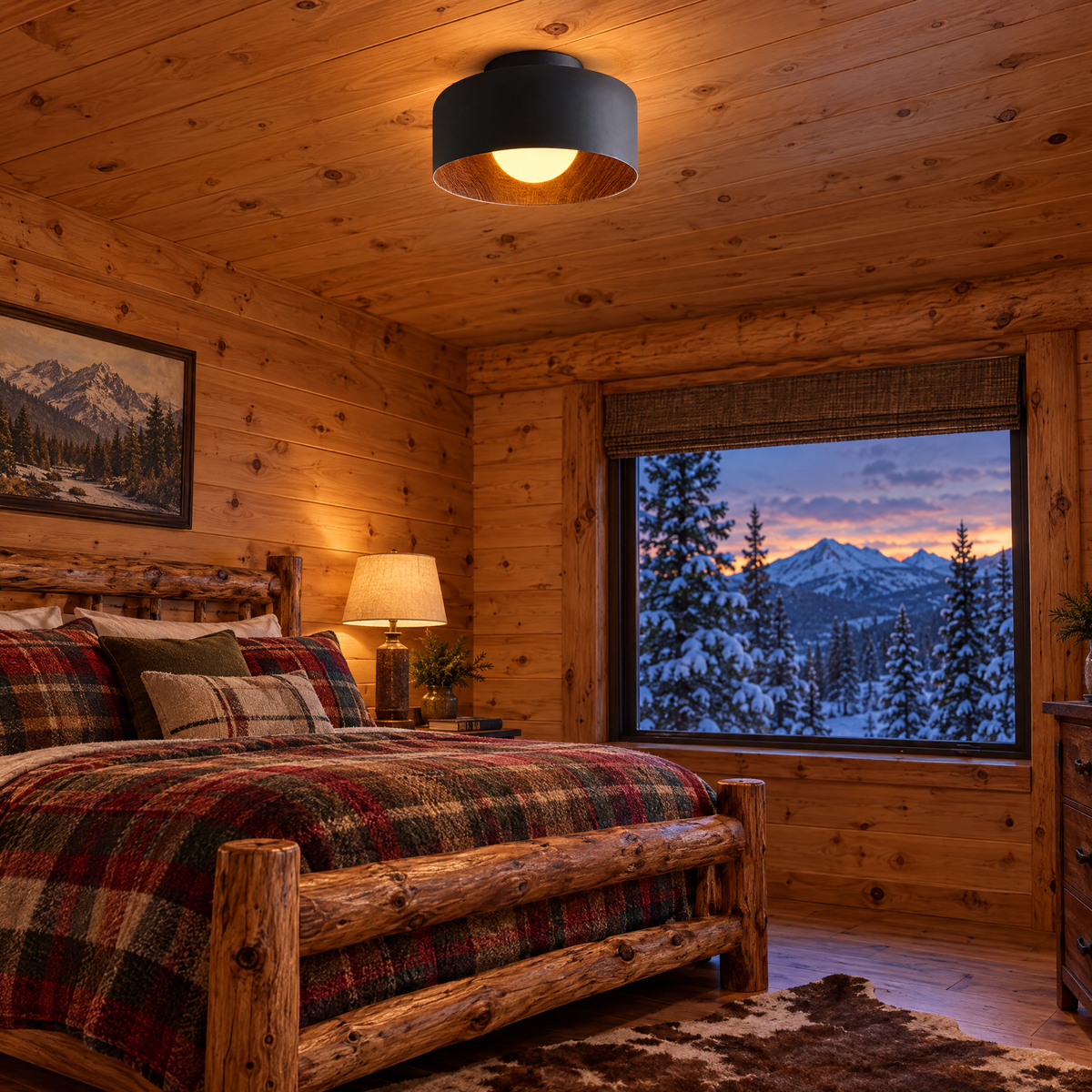 Lumosphere ceiling light in black & walnut grain in a Colorado mountain lodge bedroom
