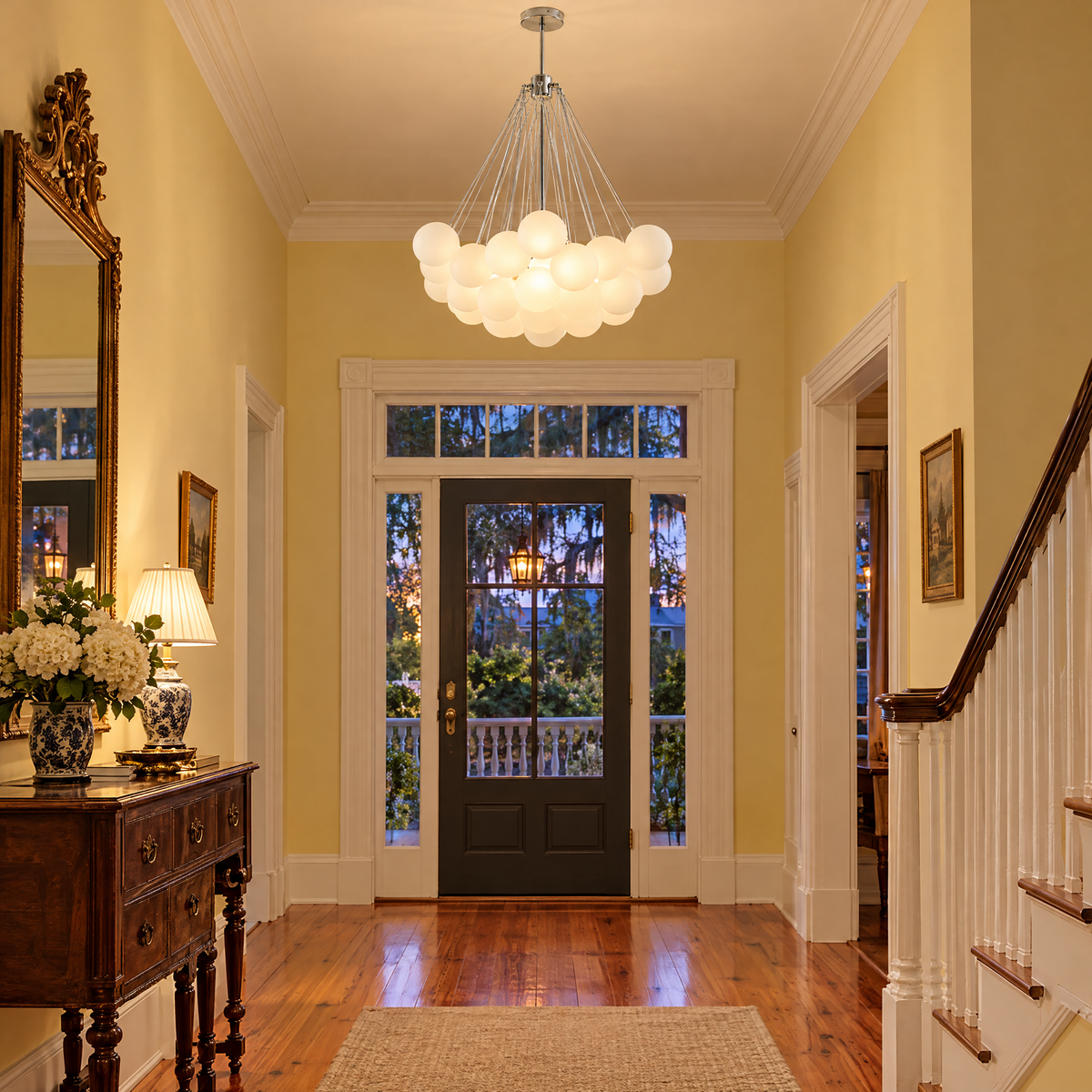 Bulle bubble chandelier in chrome & white frosted glass, ∅29.5" x H29.5", in a Charleston single house entry hall