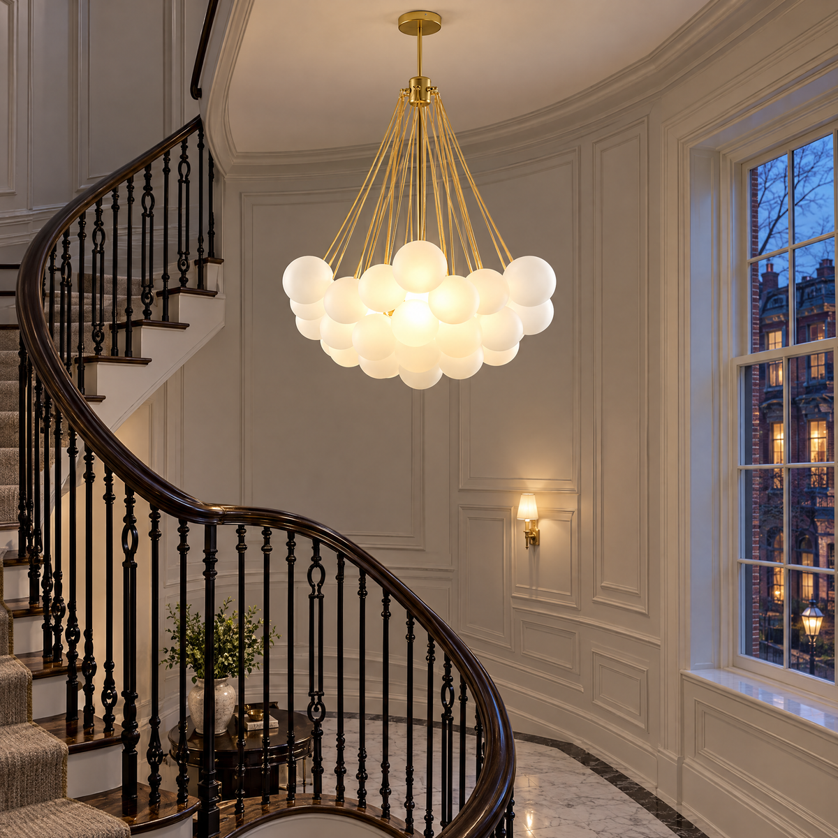 Bulle bubble chandelier in gold & white frosted glass, ∅31.5" x H39.4", in a Boston Georgian townhouse stairwell