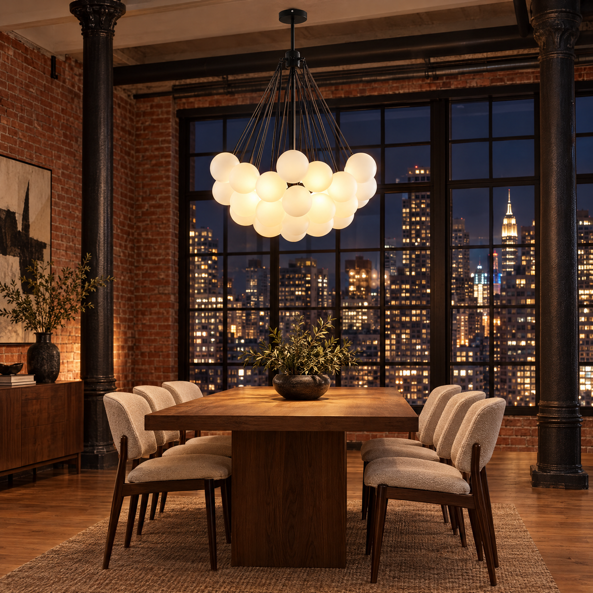 Bulle bubble chandelier in black & white frosted glass, ∅29.5" x H29.5", in a Manhattan loft dining area