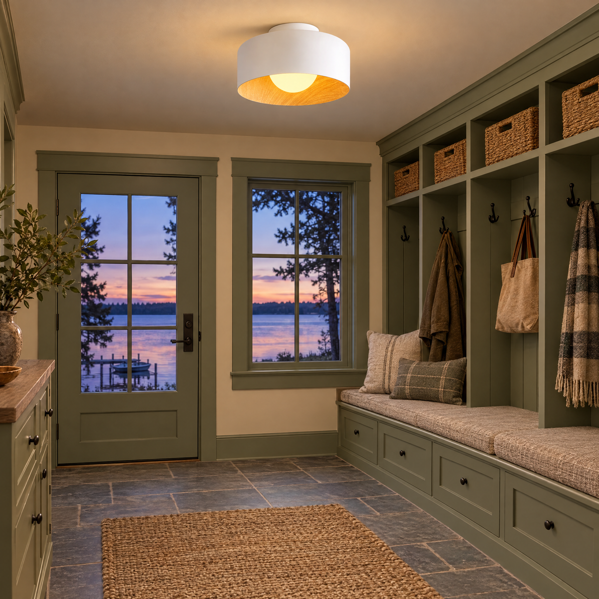 Lumosphere ceiling light in white & wood grain in a Minnesota lake house mudroom entry