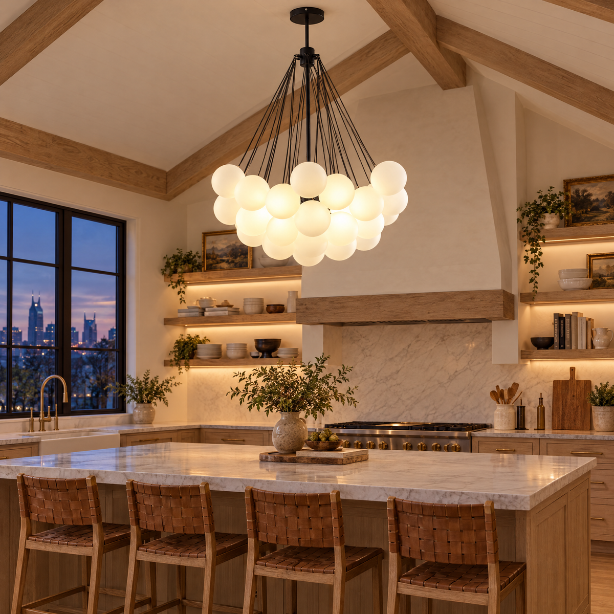 Bulle bubble chandelier in black & white frosted glass, ∅31.5" x H39.4", in a Nashville modern farmhouse kitchen