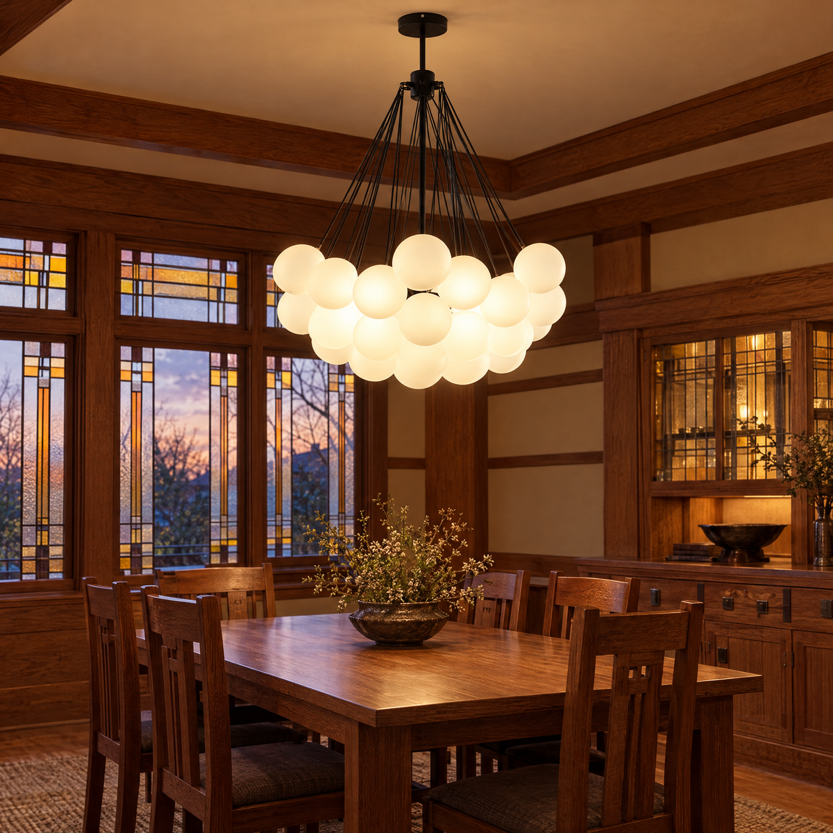 Bulle bubble chandelier in black & white frosted glass, ∅31.5" x H39.4", in a Prairie-style home dining room