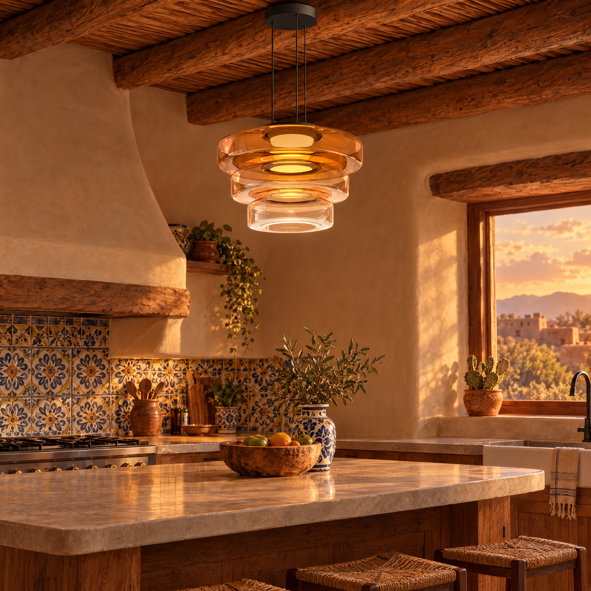 Echelon glass pendant light in amber with 3 glass layers in a Santa Fe pueblo-style kitchen