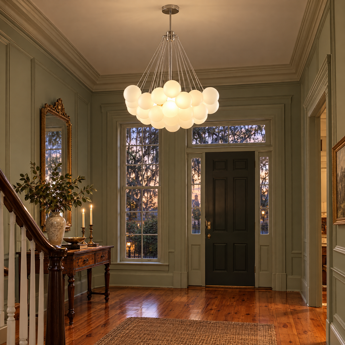 Bulle bubble chandelier in chrome & white frosted glass, ∅31.5" x H39.4", in a Savannah historic home foyer
