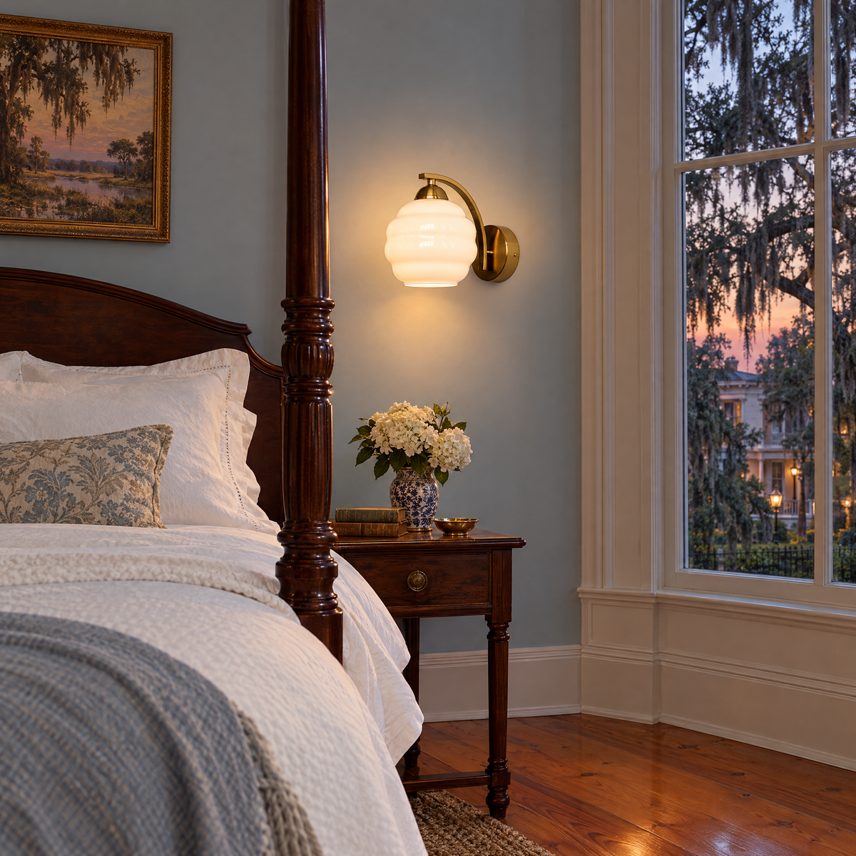 Deauville Art Deco wall sconce in Gold & White Glass in a Savannah historic home bedroom
