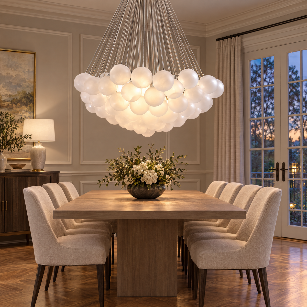 Bulle bubble chandelier in chrome & white frosted glass, ∅39.4" x H59", in an Atlanta transitional home dining room