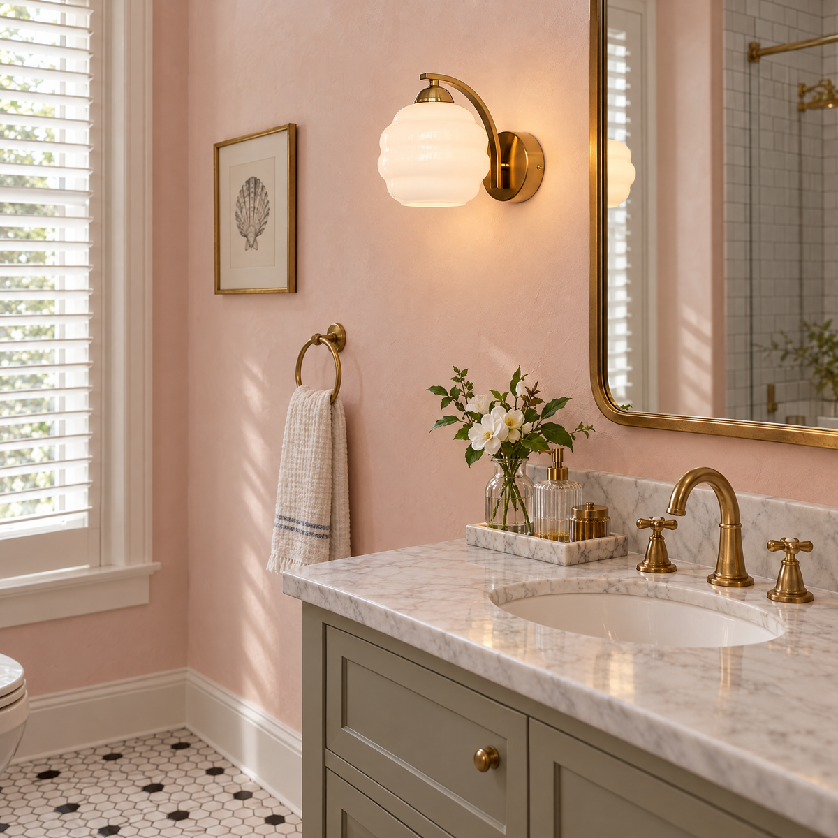 Deauville Art Deco wall sconce in Gold & White Glass in a Charleston single house bathroom