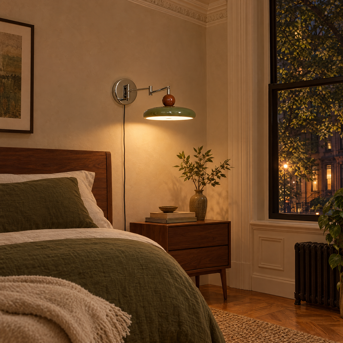 Lola plug-in wall light in green in a Brooklyn brownstone bedroom