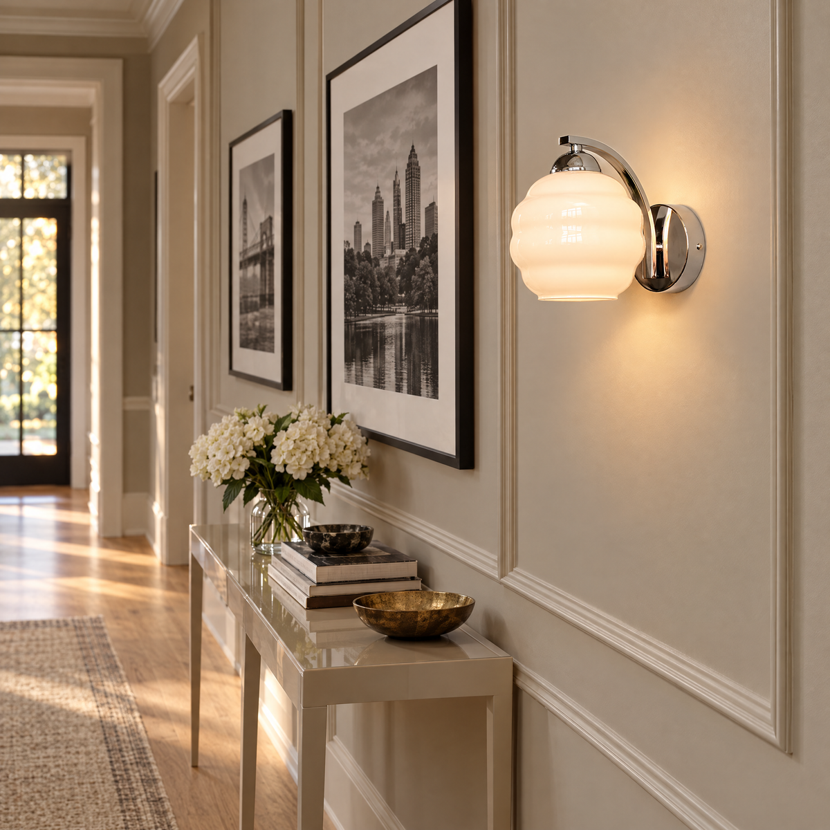 Deauville Art Deco wall sconce in Chrome & White Glass in an Atlanta transitional home hallway