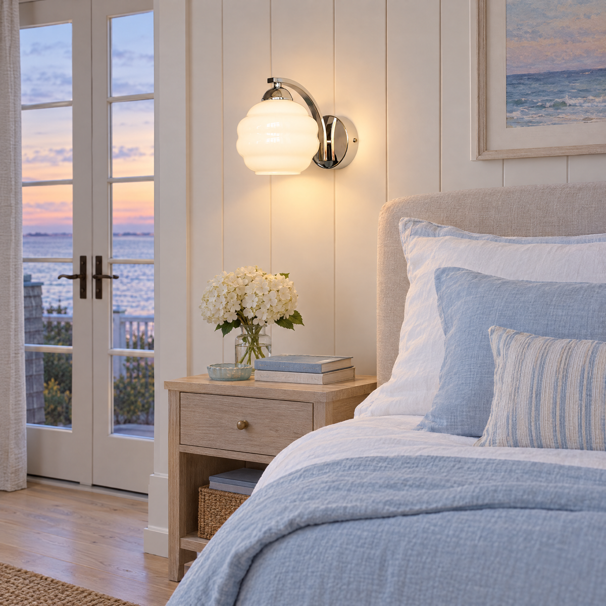 Deauville Art Deco wall sconce in Chrome & White Glass in a Hamptons shingle-style beach house bedroom