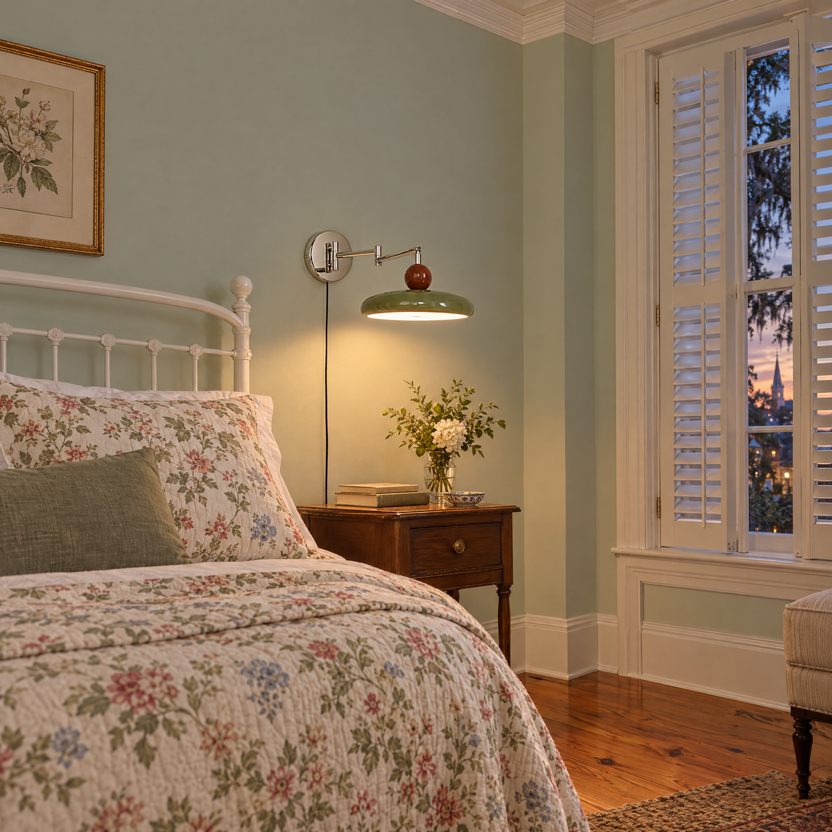 Lola plug-in wall light in green in a Savannah historic home guest room