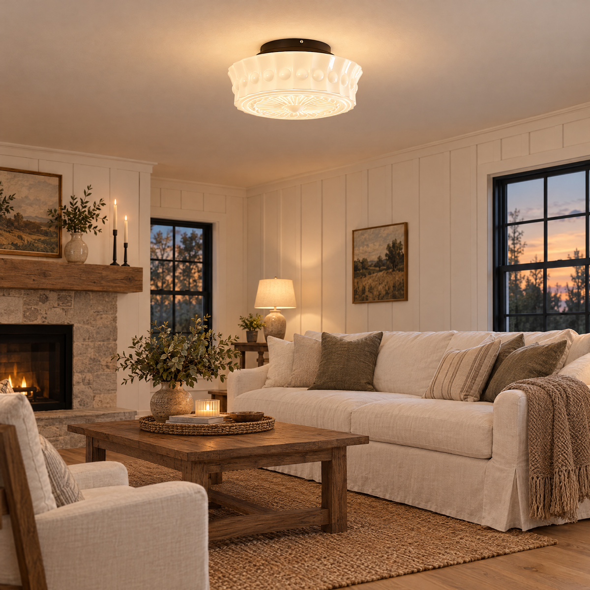 Hartwell flush mount ceiling light in Black & White in a modern farmhouse living room
