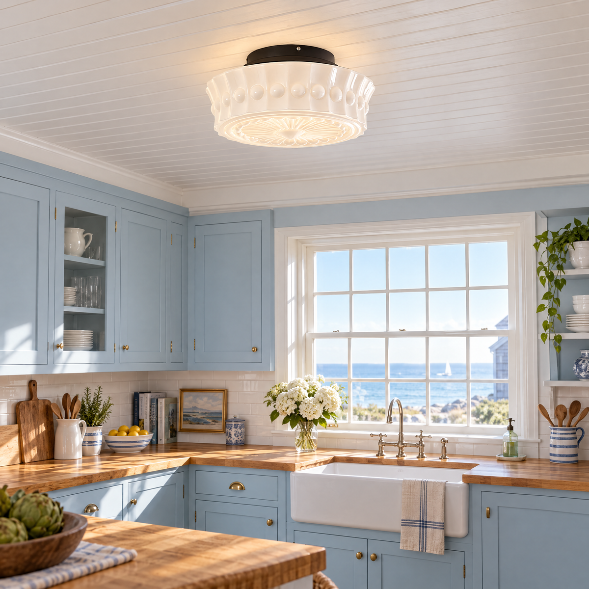 Hartwell flush mount ceiling light in Black & White in a Cape Cod cottage kitchen