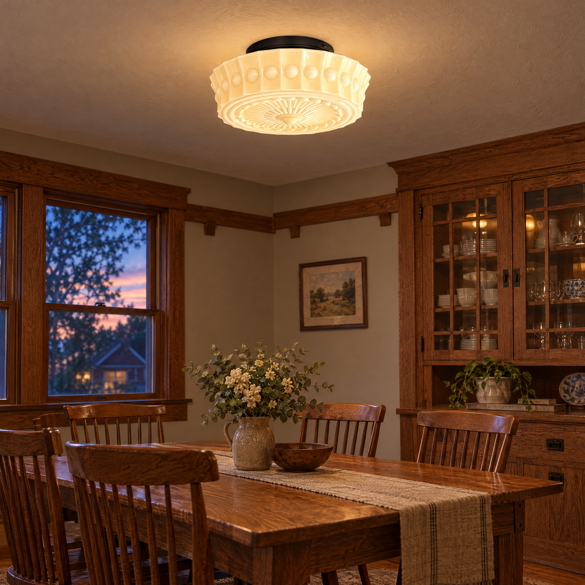 Hartwell flush mount ceiling light in Black & Beige in a Craftsman bungalow dining room
