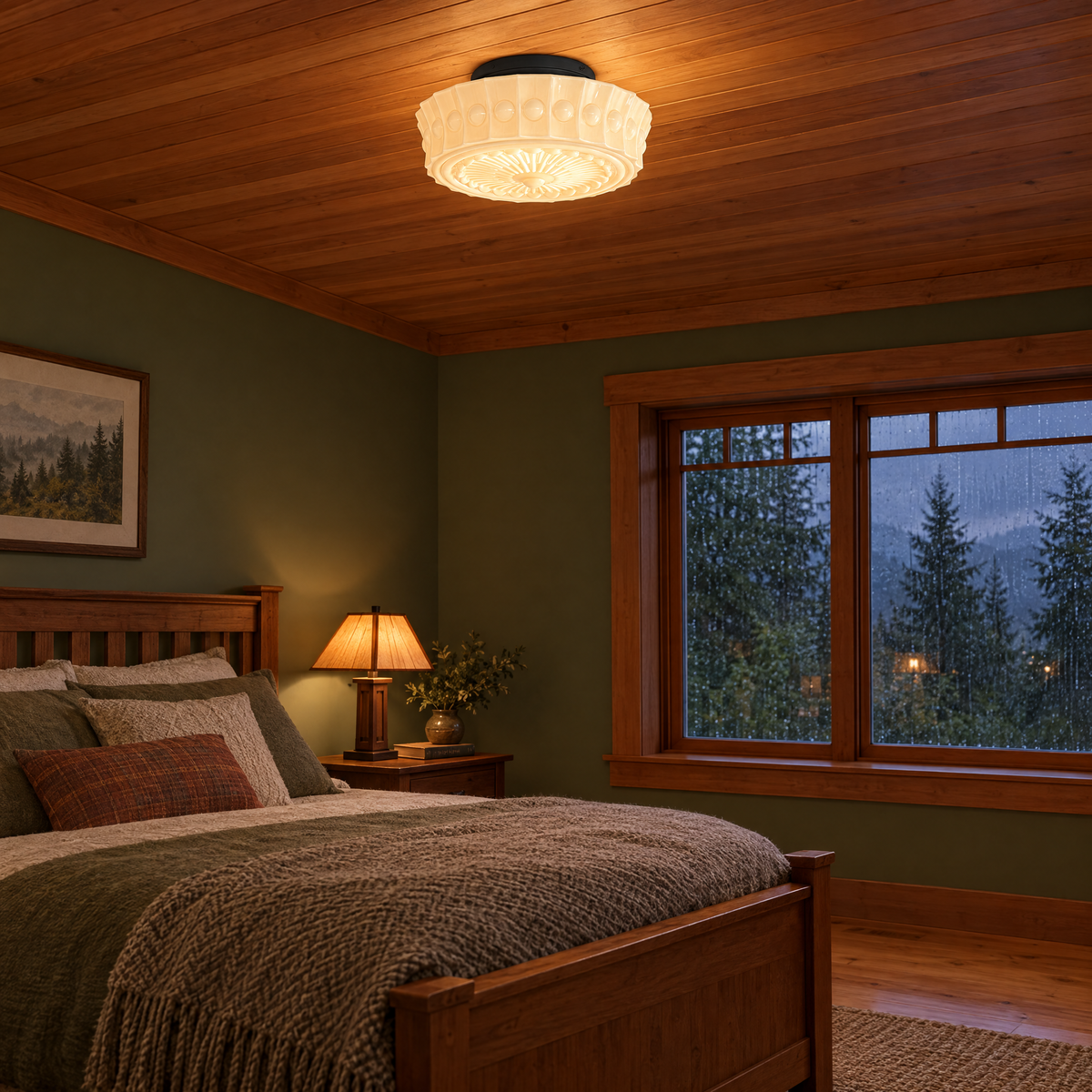 Hartwell flush mount ceiling light in Black & Beige in a Pacific Northwest craftsman bedroom