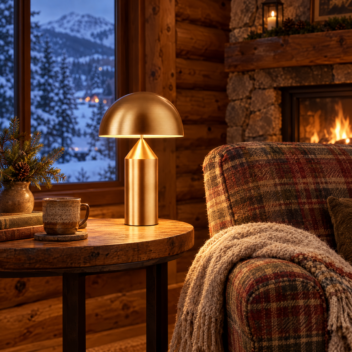 Dorsey mushroom table lamp in copper in a Colorado mountain lodge reading nook