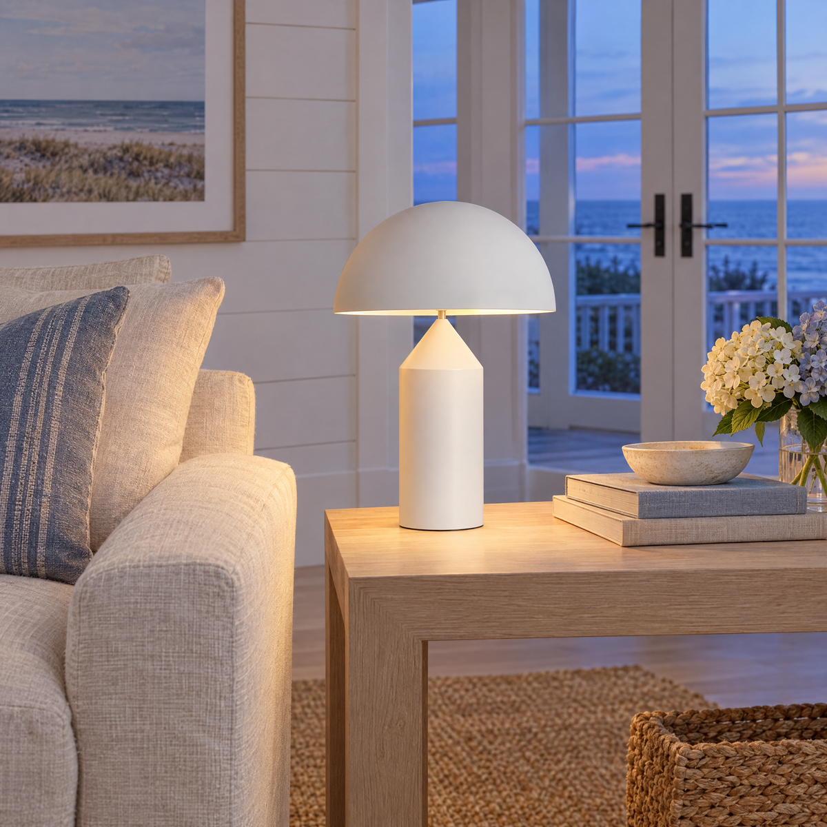 Dorsey mushroom table lamp in matte white in a Hamptons shingle-style beach house living room