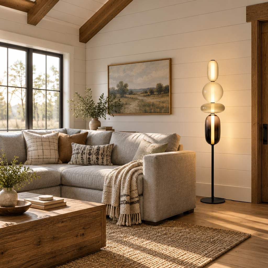 Bijou glass floor lamp in white in a farmhouse family room