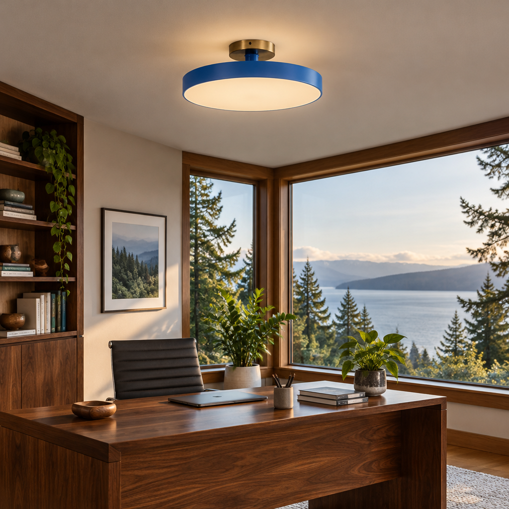 Tuva Flush Mount LED Ceiling Light, Blue, in a Pacific Northwest home office with large windows and a walnut desk