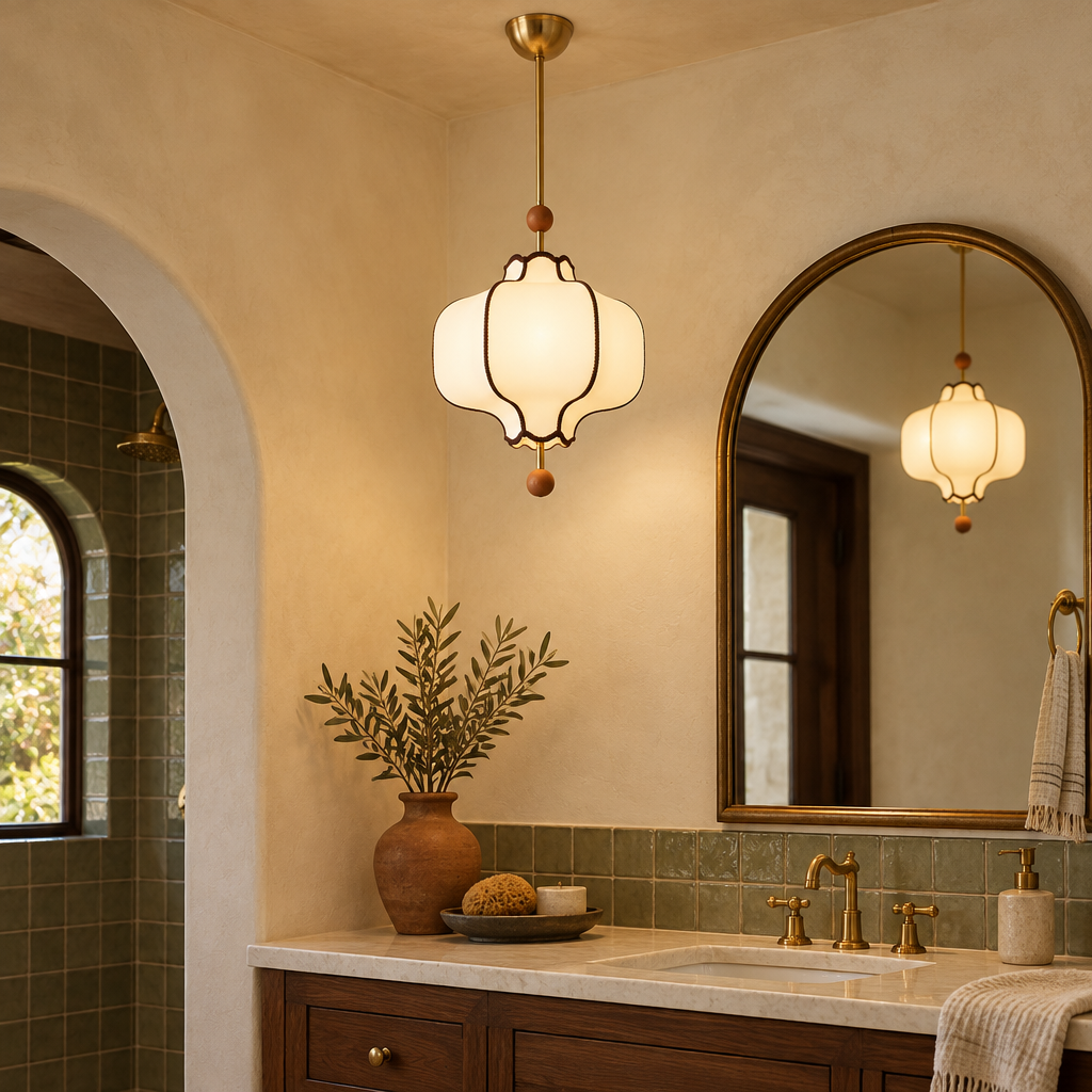 Yuki Fabric Lantern Pendant Light in a Southern California Spanish bungalow bathroom with a vanity and arched mirror