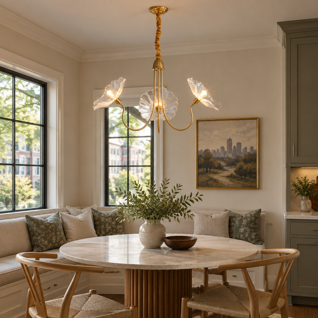 Ulani Lotus Leaf Glass Chandelier, 3 Lights Gold and Clear, in an Atlanta townhouse breakfast nook with a round table