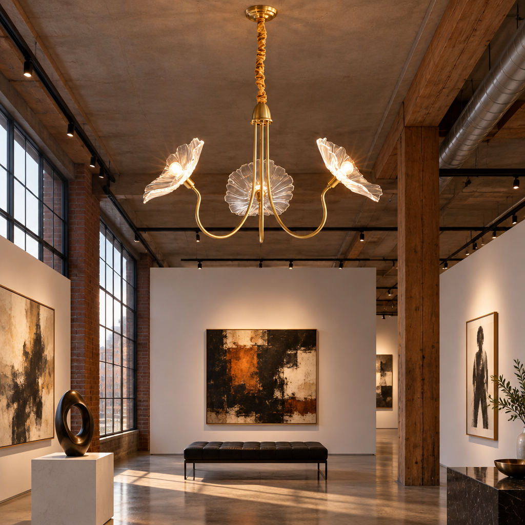 Ulani Lotus Leaf Glass Chandelier, 3 Lights Gold and Clear, in an art gallery in a converted downtown loft