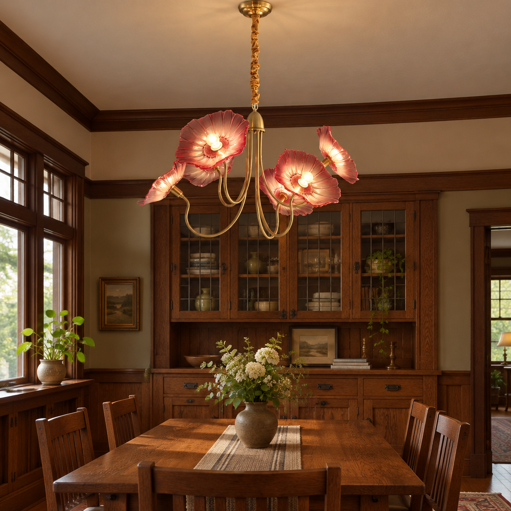 Ulani Lotus Leaf Glass Chandelier, 6 Lights Gold and Pink, in a craftsman bungalow dining room with wood trim and built-in cabinets
