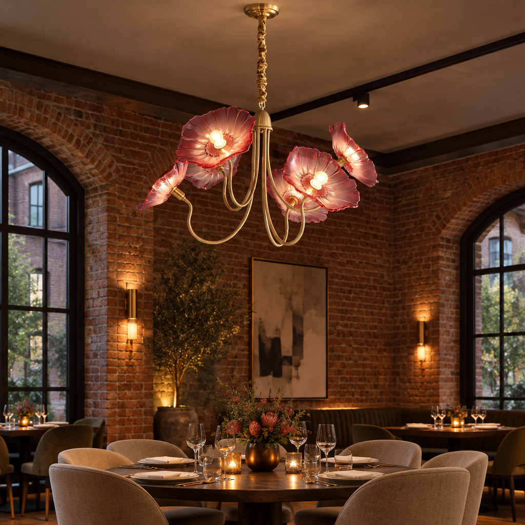 Ulani Lotus Leaf Glass Chandelier, 6 Lights Gold and Pink, in an upscale restaurant dining room in a renovated brick building