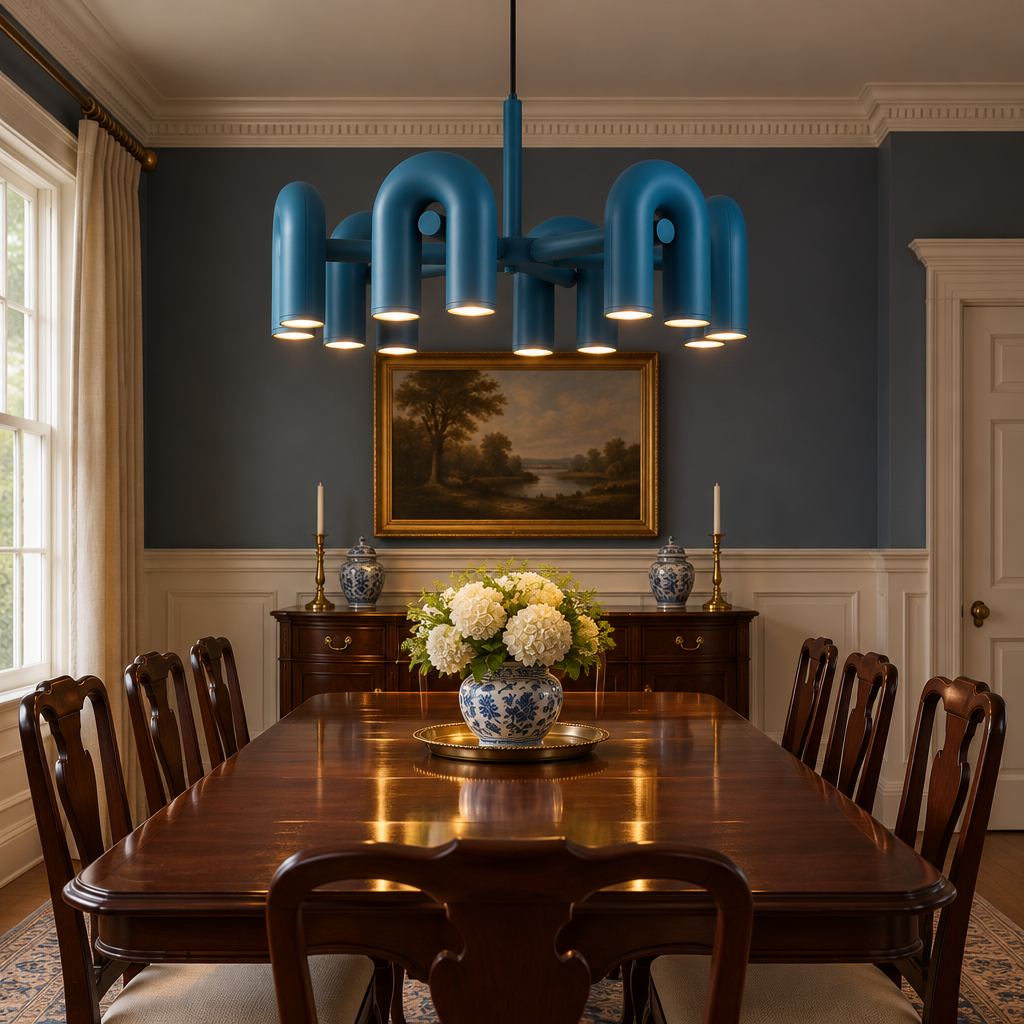Zuri Modern LED Chandelier, 6 Lights Blue, in a colonial style dining room with wainscoting and a mahogany table