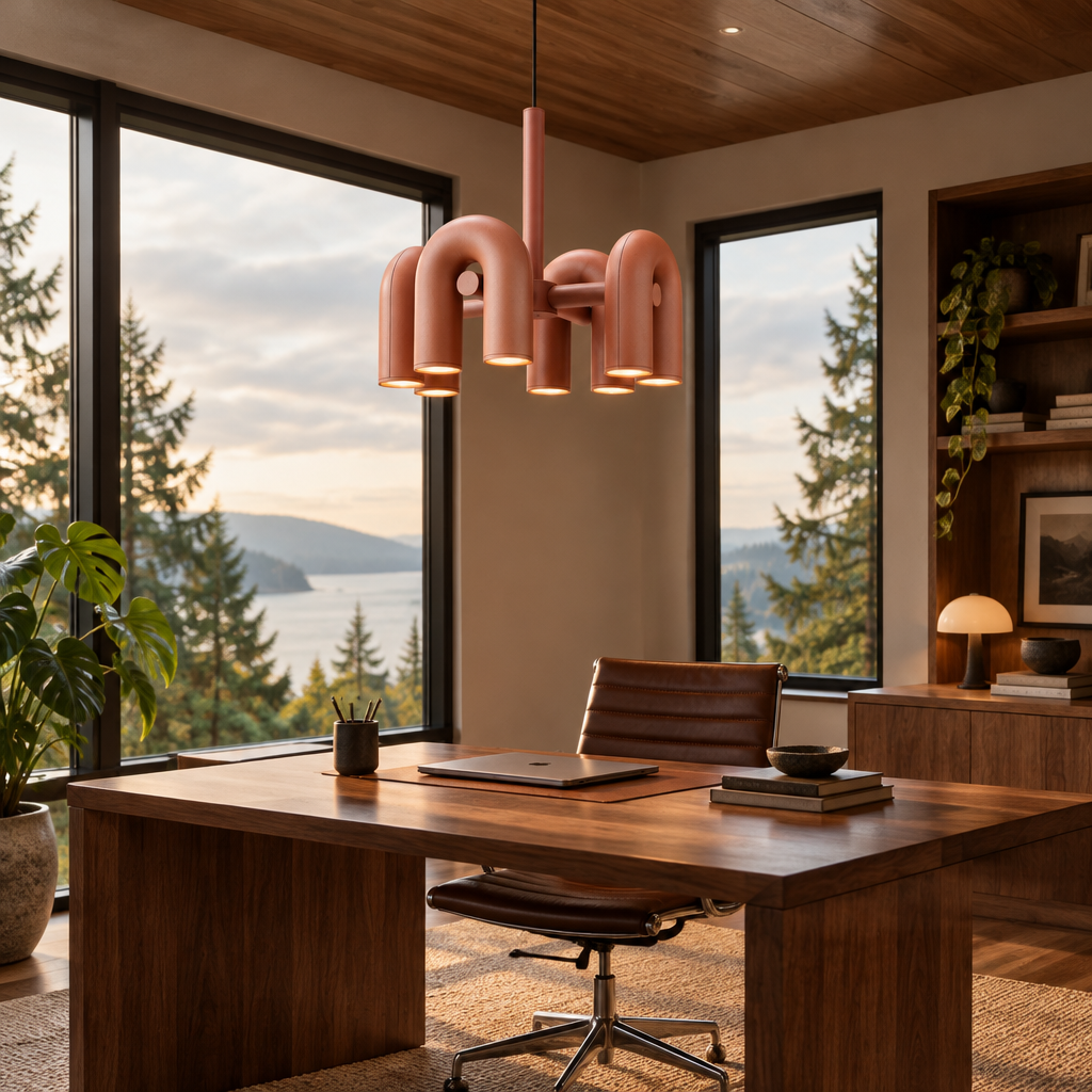 Zuri Modern LED Chandelier, 4 Lights Orange, in a Pacific Northwest home office with large windows and a walnut desk